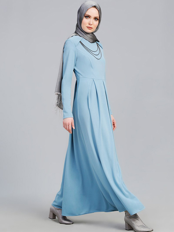 Long Sleeve Maxi Dress with Chain Detail - Blue - Hijab Club