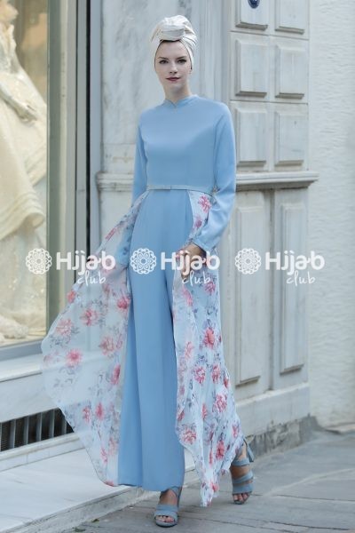 Floral Jumpsuit with Long Sleeve - Blue - Hijab Club