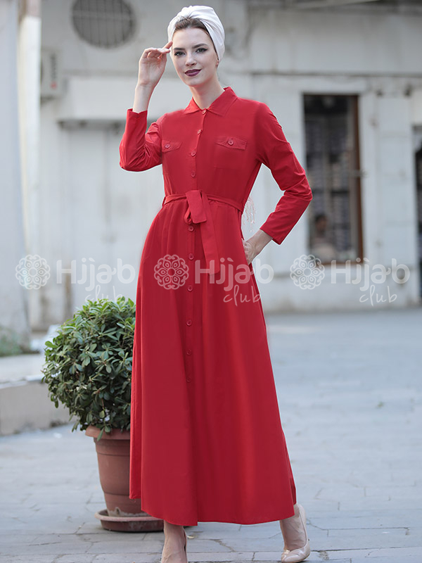 Long Sleeve Pocket Maxi Dress - Red 